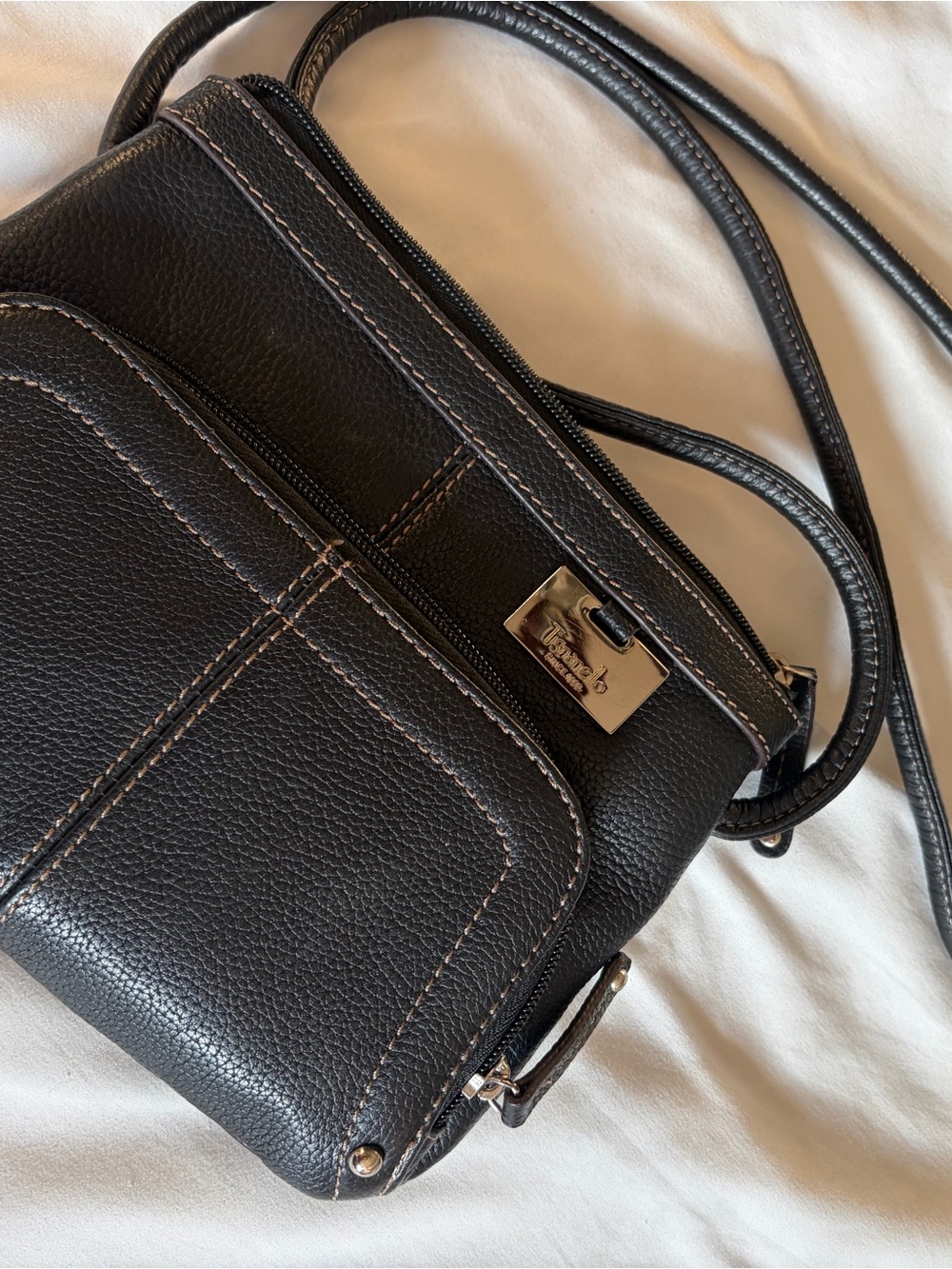Tignanello Black Pebbled Leather Crossbody with Brown Contrast Stitching